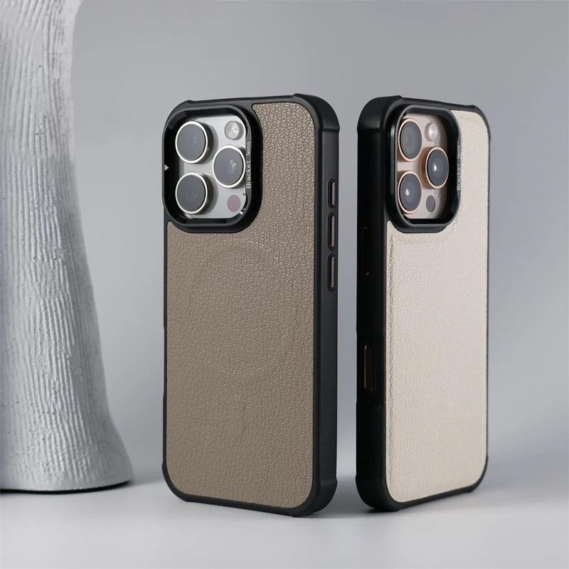 Premium MagSafe Magnetic iPhone Case — Metal Lens Kickstand, Leather Texture Grip, Shockproof Anti-Fingerprint Matte Protective Cover