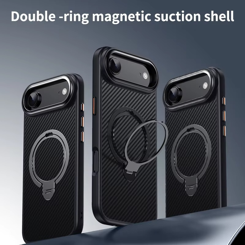 Premium MagSafe iPhone Case Magnetic Shockproof Carbon Fiber with Rotating Stand, Metal Camera Frame Button, Lightweight Rugged Cover