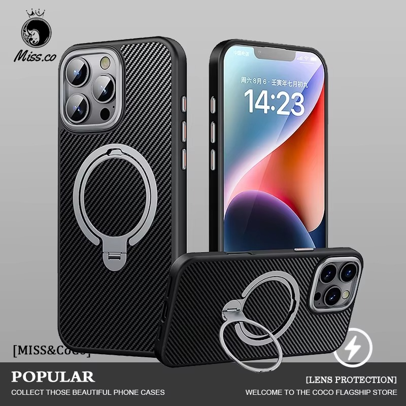 Premium MagSafe iPhone Case Magnetic Shockproof Carbon Fiber with Rotating Stand, Metal Camera Frame Button, Lightweight Rugged Cover