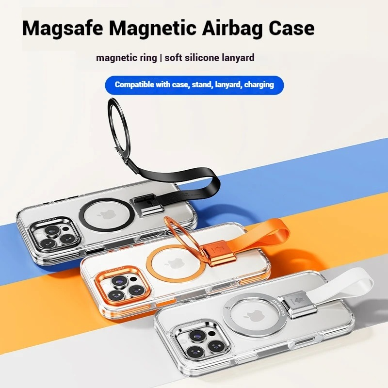Premium Magnetic iPhone Case — MagSafe Compatible Clear Protection with Detachable Silicone Lanyard & Ring Grip, Non-Slip Full Coverage Design