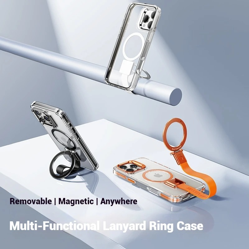 Premium Magnetic iPhone Case — MagSafe Compatible Clear Protection with Detachable Silicone Lanyard & Ring Grip, Non-Slip Full Coverage Design