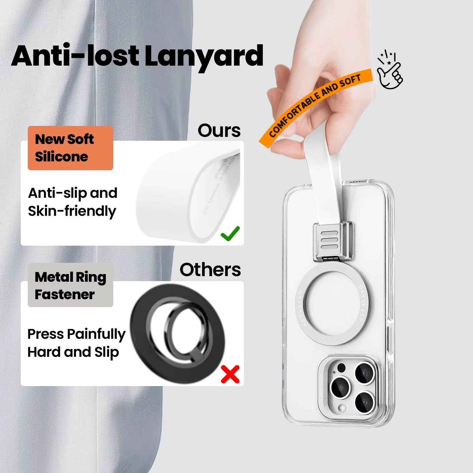 Premium Magnetic iPhone Case — MagSafe Compatible Clear Protection with Detachable Silicone Lanyard & Ring Grip, Non-Slip Full Coverage Design