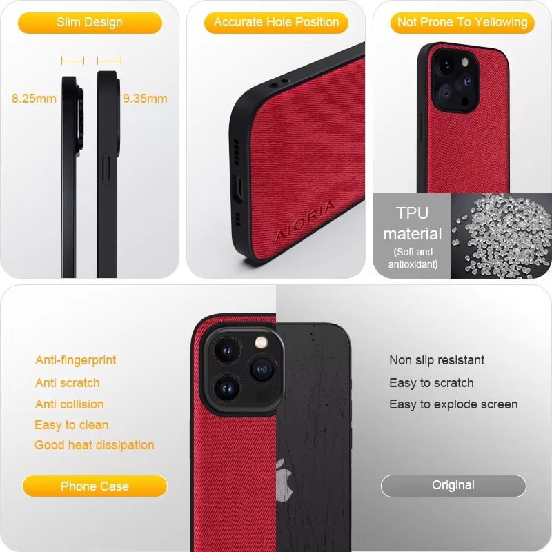 Premium Shockproof iPhone Case — Textile Leather Anti-Fingerprint Dustproof Cover with Non-Slip Grip and Scratch-Resistant Hard Back