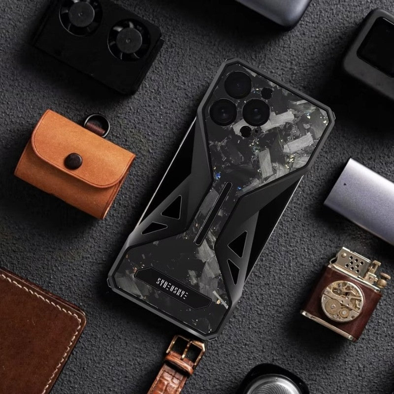 Premium iPhone Case Forged Carbon Fiber + Metal — Semi-Wrapped Shockproof Cover with Anti-Fall Lens Protection, Slim Luxury Design