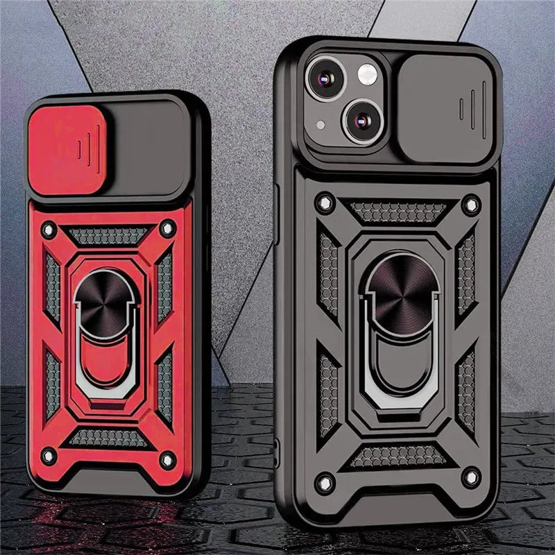 Rugged iPhone Armor Case with Camera Protection — Shockproof Silicone Dual Layer Cover, Heavy Duty Design with Ring Holder, Anti-Fingerprint Scratch-Resistant