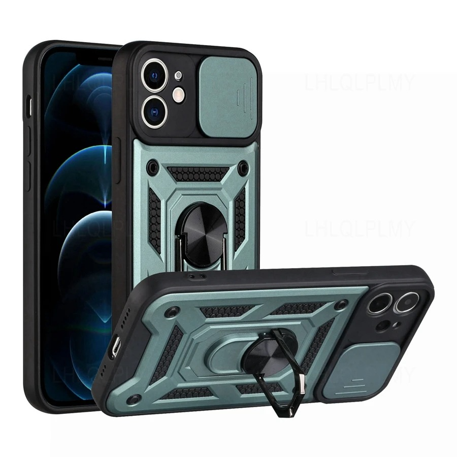 Rugged iPhone Armor Case with Camera Protection — Shockproof Silicone Dual Layer Cover, Heavy Duty Design with Ring Holder, Anti-Fingerprint Scratch-Resistant