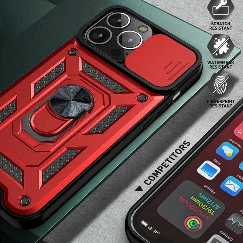 Rugged iPhone Armor Case with Camera Protection — Shockproof Silicone Dual Layer Cover, Heavy Duty Design with Ring Holder, Anti-Fingerprint Scratch-Resistant