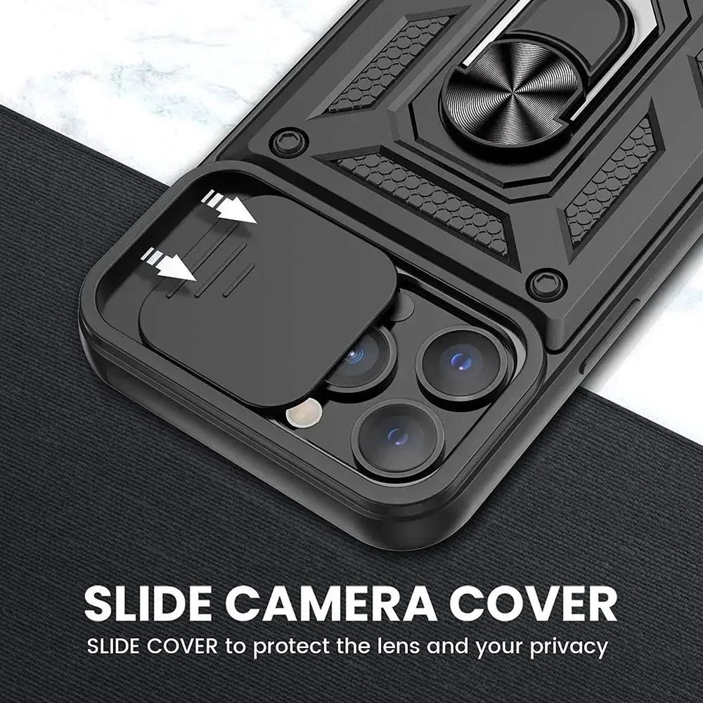 Rugged iPhone Armor Case with Camera Protection — Shockproof Silicone Dual Layer Cover, Heavy Duty Design with Ring Holder, Anti-Fingerprint Scratch-Resistant