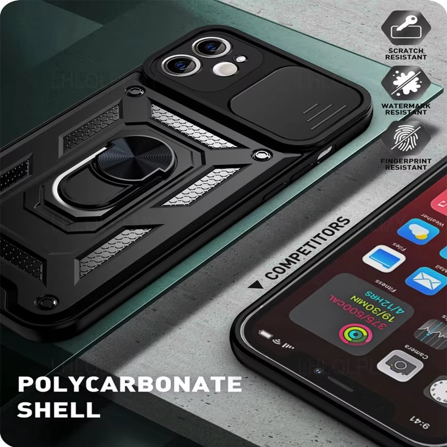 Rugged iPhone Armor Case with Camera Protection — Shockproof Silicone Dual Layer Cover, Heavy Duty Design with Ring Holder, Anti-Fingerprint Scratch-Resistant