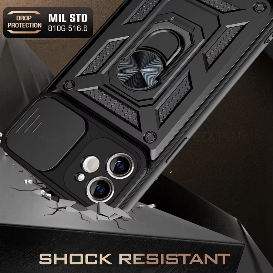 Rugged iPhone Armor Case with Camera Protection — Shockproof Silicone Dual Layer Cover, Heavy Duty Design with Ring Holder, Anti-Fingerprint Scratch-Resistant