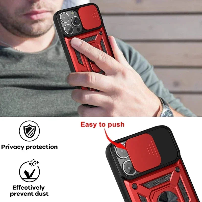 Rugged iPhone Armor Case with Camera Protection — Shockproof Silicone Dual Layer Cover, Heavy Duty Design with Ring Holder, Anti-Fingerprint Scratch-Resistant
