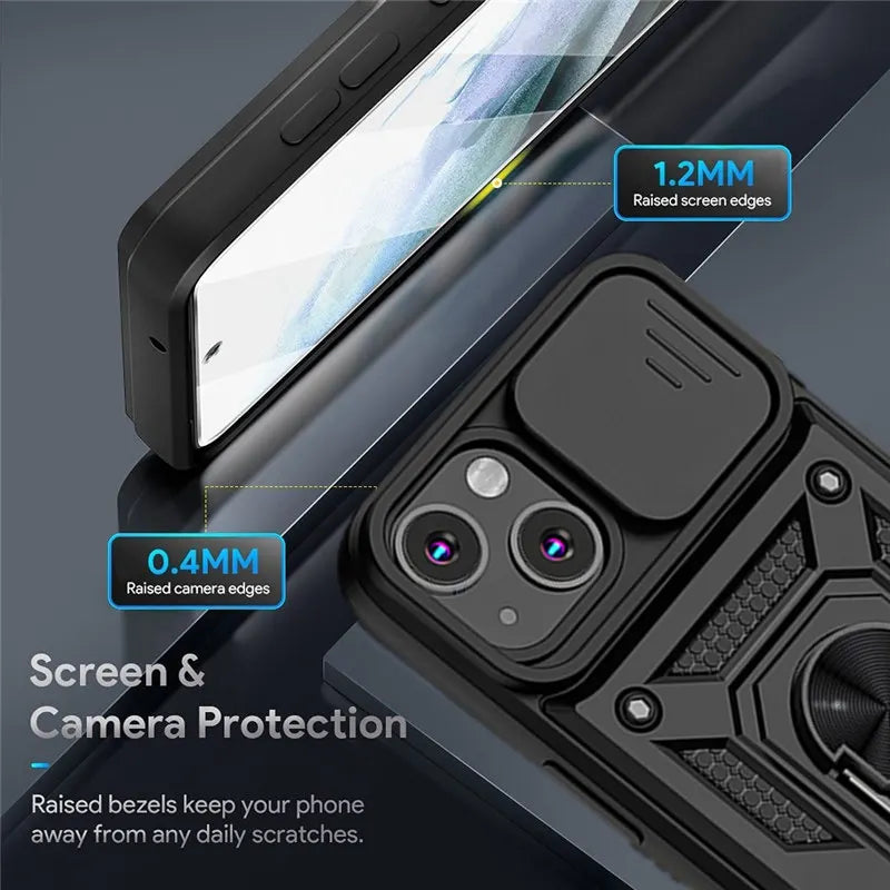 Rugged iPhone Armor Case with Camera Protection — Shockproof Silicone Dual Layer Cover, Heavy Duty Design with Ring Holder, Anti-Fingerprint Scratch-Resistant