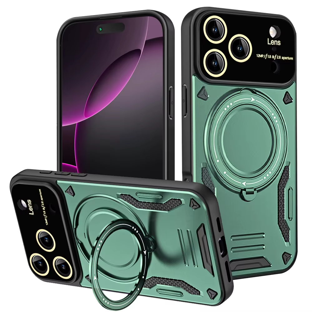 Rugged iPhone Armor Magnetic Case — 360° Rotating Holder, Shockproof Anti-Drop Protection, Lens Camera Safety, Durable Hybrid PC+TPU Cover