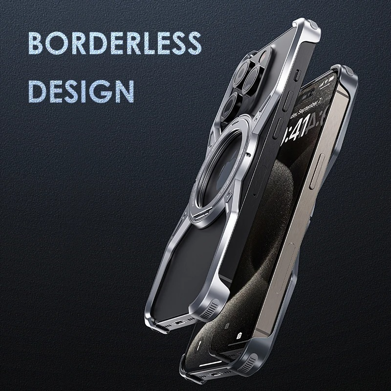 Rugged iPhone Case 360° X-Shaped Mechanical Design — Aluminum Magnetic Frameless Cover with Stand, Noctilucent Finish, Heavy Duty Shockproof Scratch-Resistant Protection