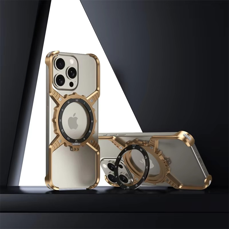 Rugged iPhone Case 360° X-Shaped Mechanical Design — Aluminum Magnetic Frameless Cover with Stand, Noctilucent Finish, Heavy Duty Shockproof Scratch-Resistant Protection