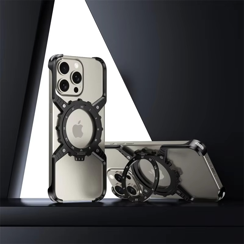 Rugged iPhone Case 360° X-Shaped Mechanical Design — Aluminum Magnetic Frameless Cover with Stand, Noctilucent Finish, Heavy Duty Shockproof Scratch-Resistant Protection