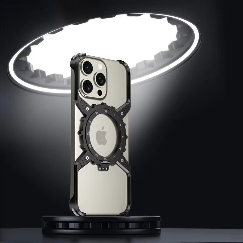 Rugged iPhone Case 360° X-Shaped Mechanical Design — Aluminum Magnetic Frameless Cover with Stand, Noctilucent Finish, Heavy Duty Shockproof Scratch-Resistant Protection