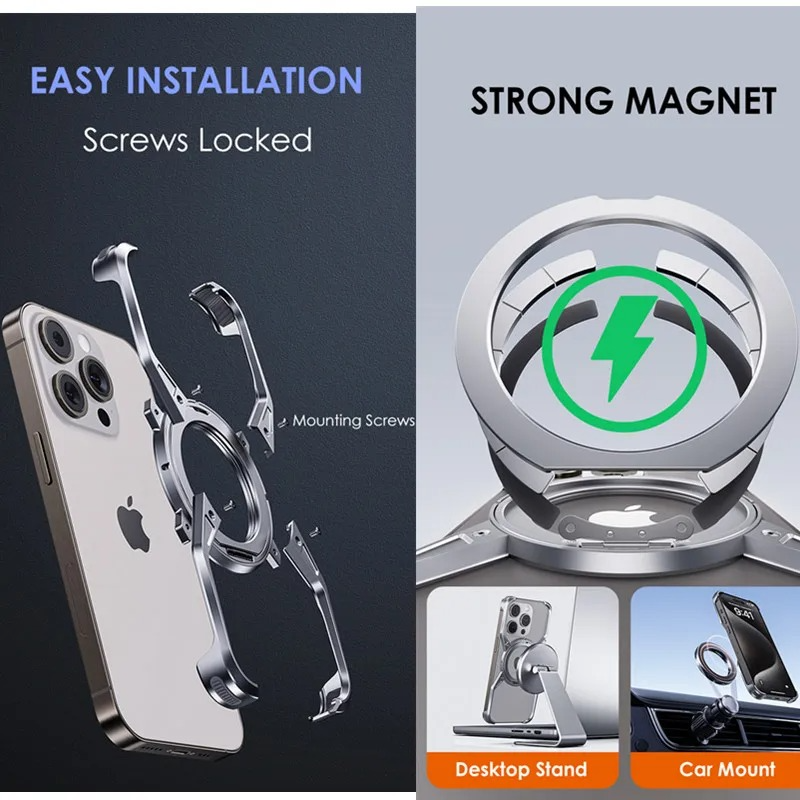 Rugged iPhone Case 360° X-Shaped Mechanical Design — Aluminum Magnetic Frameless Cover with Stand, Noctilucent Finish, Heavy Duty Shockproof Scratch-Resistant Protection