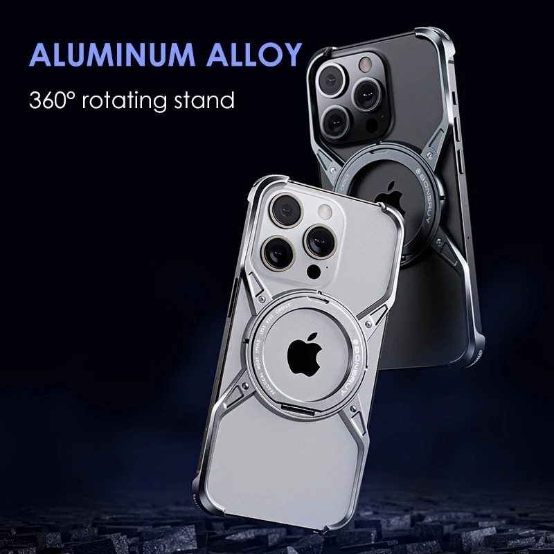 Rugged iPhone Case 360° X-Shaped Mechanical Design — Aluminum Magnetic Frameless Cover with Stand, Noctilucent Finish, Heavy Duty Shockproof Scratch-Resistant Protection