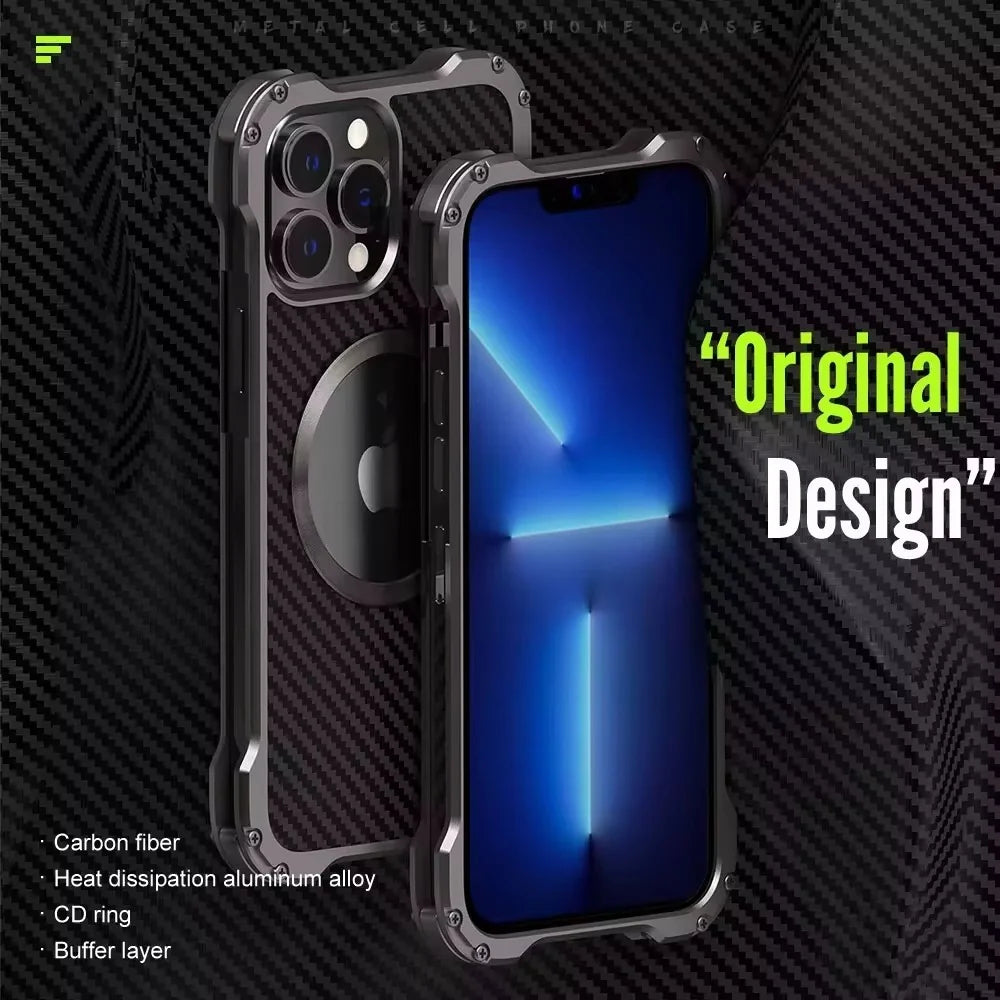 Rugged iPhone Case Carbon Fiber Magnetic Cover — Heavy Duty Metal Frame, MagSafe Wireless Charging Compatible, Shockproof Anti-Scratch Non-Slip Protection