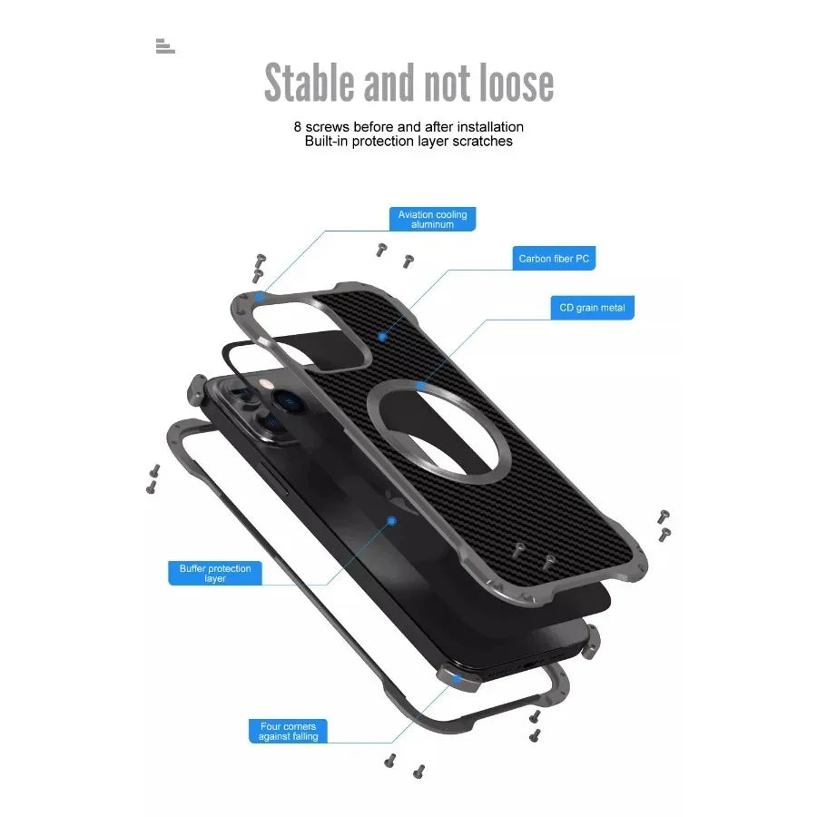 Rugged iPhone Case Carbon Fiber Magnetic Cover — Heavy Duty Metal Frame, MagSafe Wireless Charging Compatible, Shockproof Anti-Scratch Non-Slip Protection