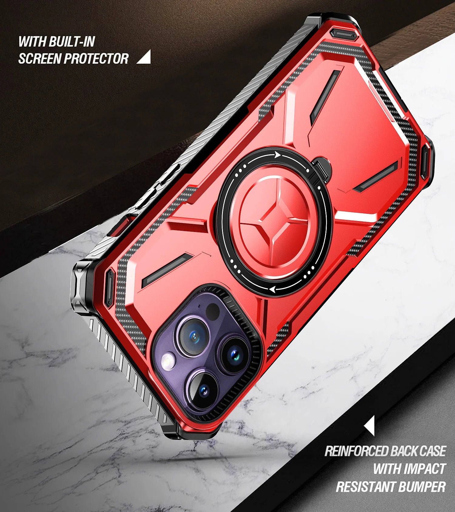 Rugged iPhone Case MagSafe Compatible Heavy Duty Cover — Dual Layer Shock Absorption, Rotatable Kickstand Ring, Built-In Screen Protector, Full Body Defense