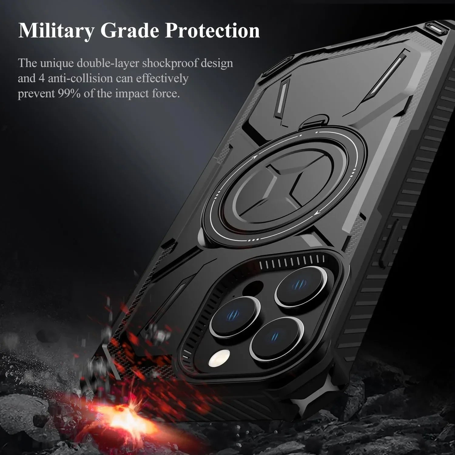 Rugged iPhone Case MagSafe Compatible Heavy Duty Cover — Dual Layer Shock Absorption, Rotatable Kickstand Ring, Built-In Screen Protector, Full Body Defense