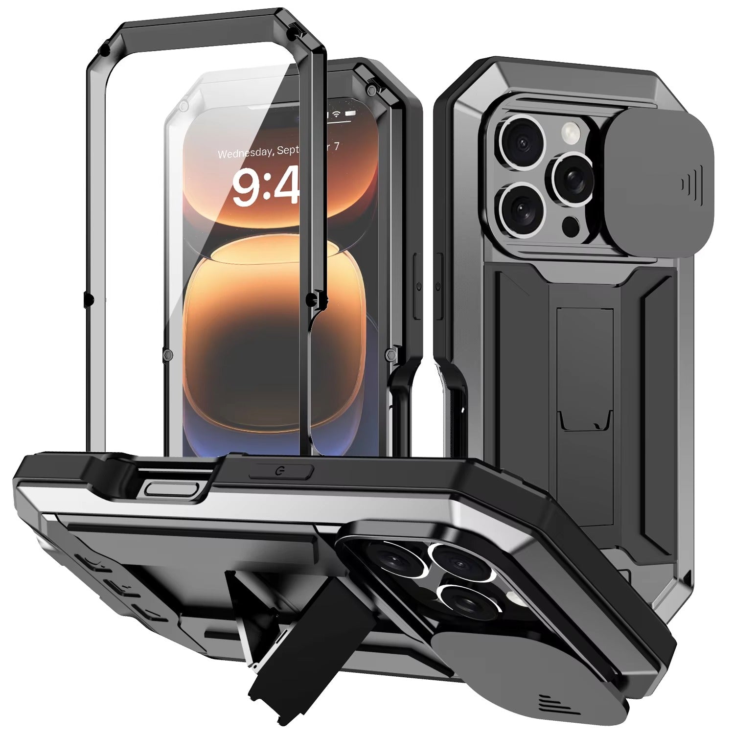 Rugged iPhone Case — Heavy-Duty Metal + Silicone Military Cover with Slide Camera Protector, Full-Body Shockproof Design, Kickstand and Screen Protection