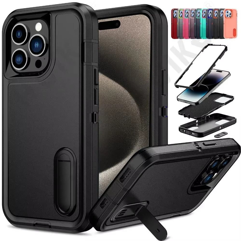 Rugged iPhone Heavy Armor Case — Full Body Shockproof Cover with Kickstand Bracket, Dual Layer Protection, Anti-Fingerprint Scratch-Resistant Non-Slip Design