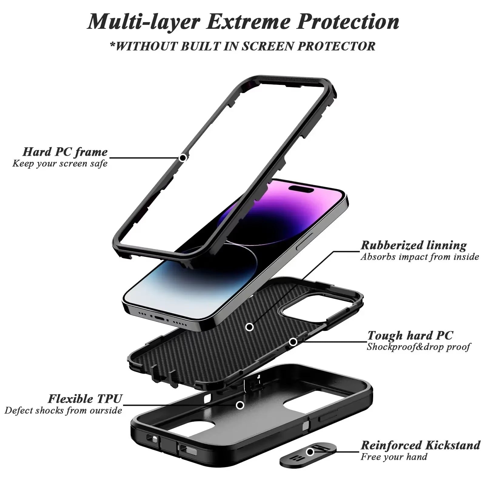 Rugged iPhone Heavy Armor Case — Full Body Shockproof Cover with Kickstand Bracket, Dual Layer Protection, Anti-Fingerprint Scratch-Resistant Non-Slip Design