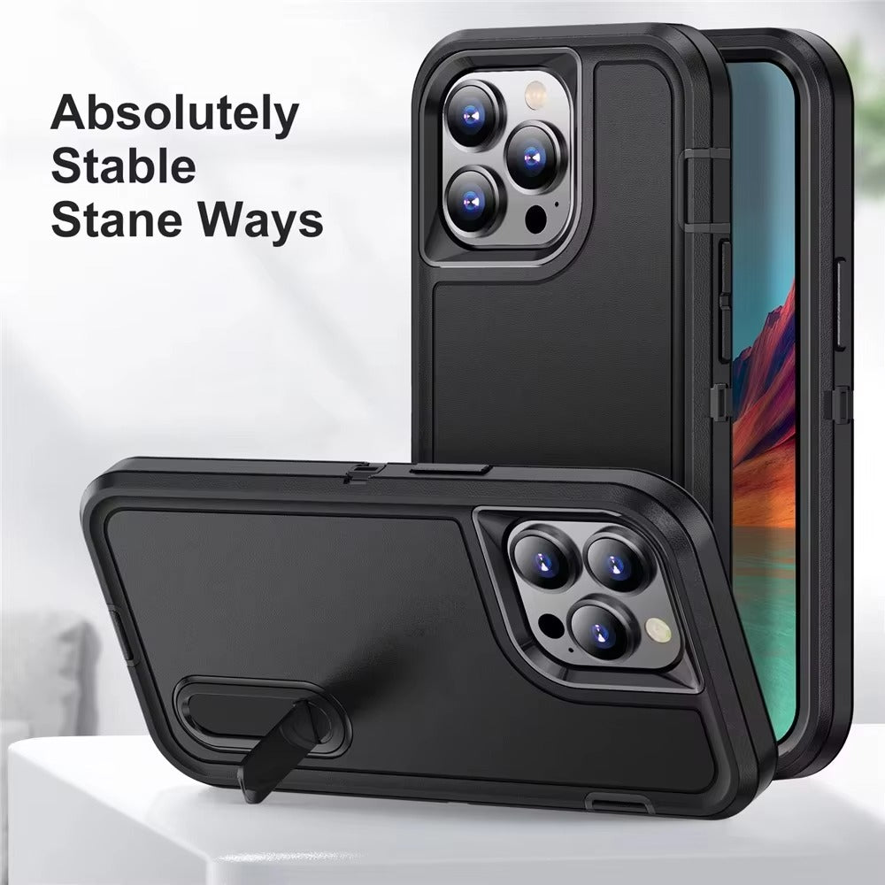 Rugged iPhone Heavy Armor Case — Full Body Shockproof Cover with Kickstand Bracket, Dual Layer Protection, Anti-Fingerprint Scratch-Resistant Non-Slip Design