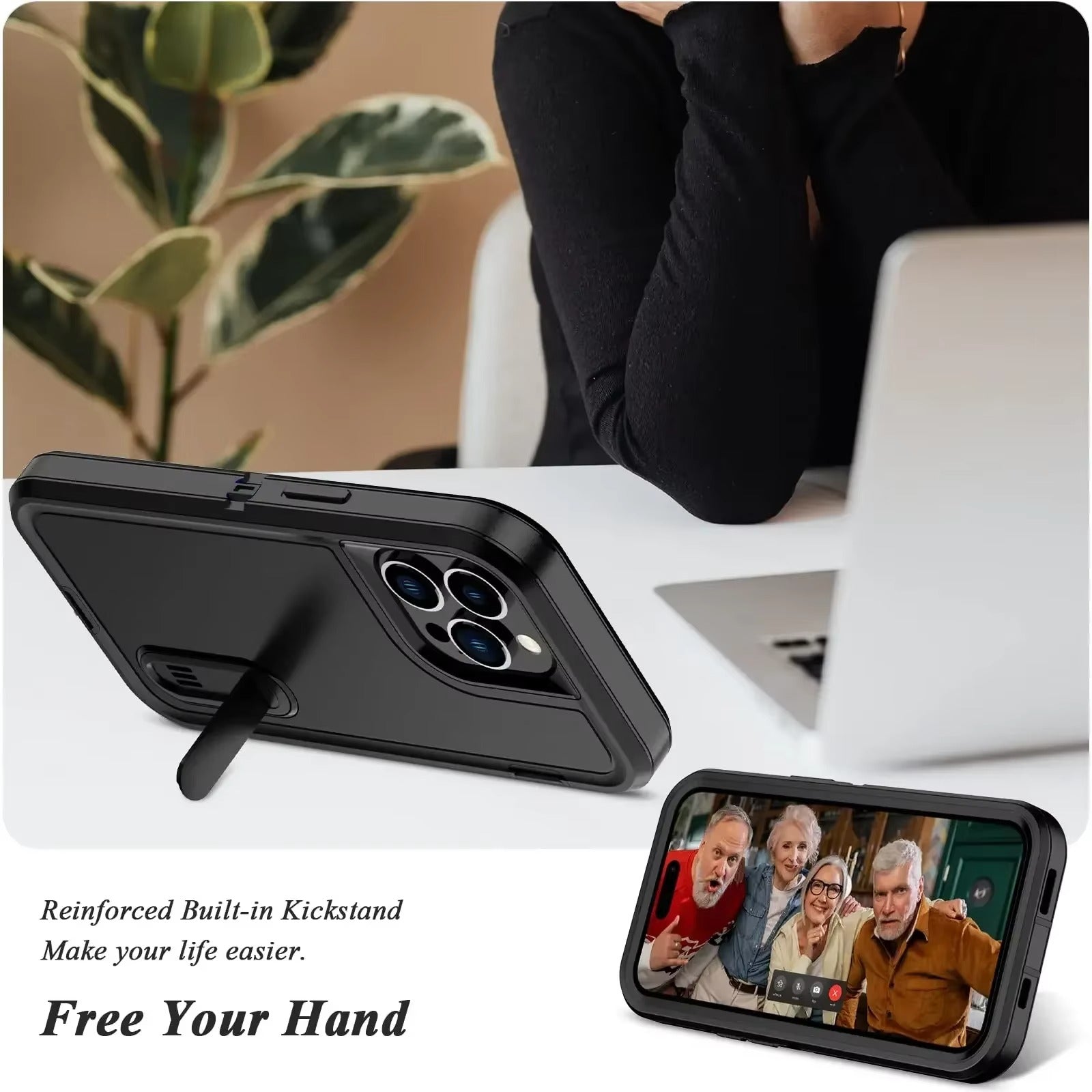 Rugged iPhone Heavy Armor Case — Full Body Shockproof Cover with Kickstand Bracket, Dual Layer Protection, Anti-Fingerprint Scratch-Resistant Non-Slip Design