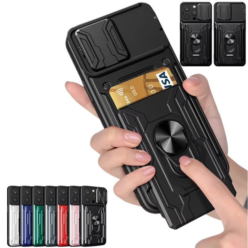 Rugged iPhone Heavy Duty Case with Card Pocket — Dual Layer Shockproof Armor Cover, 360° Ring Stand Holder, Magnetic Mount Compatible, Full Edge Protection