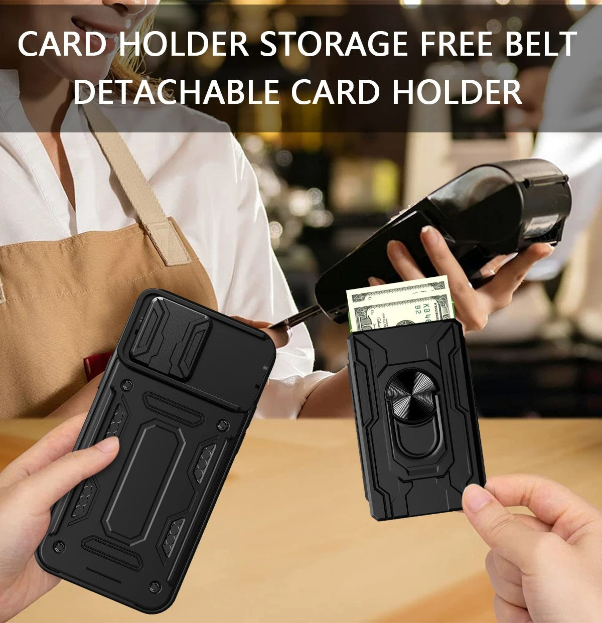 Rugged iPhone Heavy Duty Case with Card Pocket — Dual Layer Shockproof Armor Cover, 360° Ring Stand Holder, Magnetic Mount Compatible, Full Edge Protection