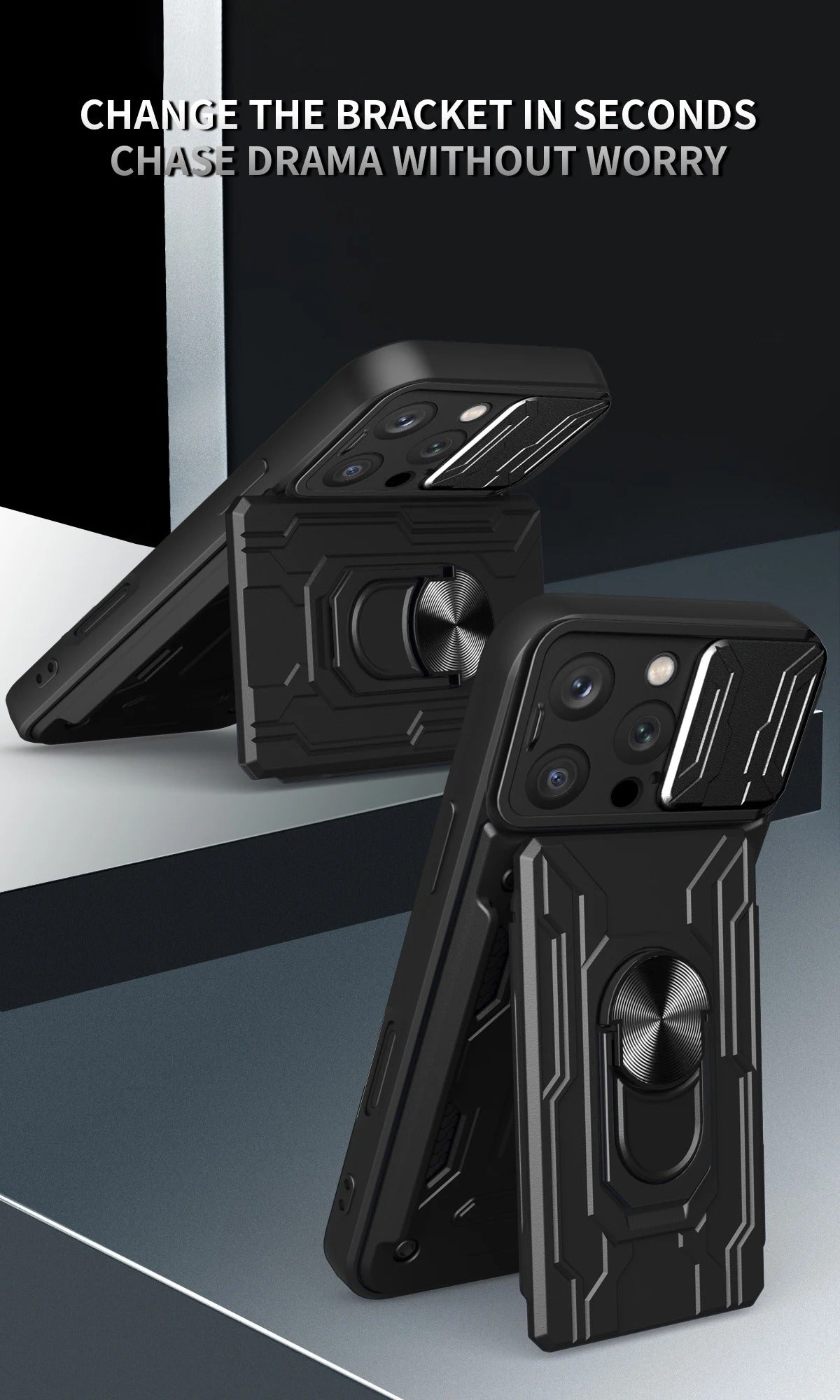 Rugged iPhone Heavy Duty Case with Card Pocket — Dual Layer Shockproof Armor Cover, 360° Ring Stand Holder, Magnetic Mount Compatible, Full Edge Protection