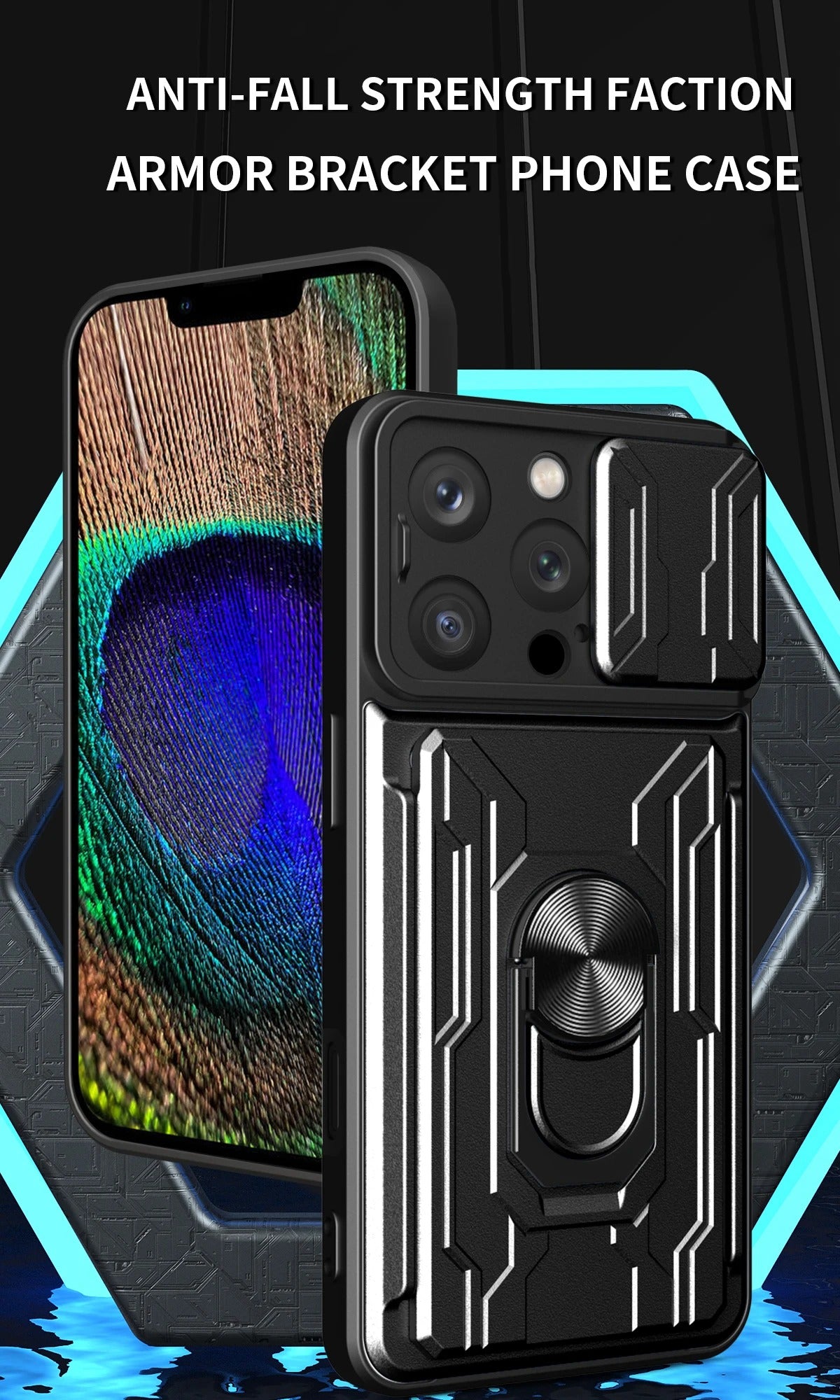 Rugged iPhone Heavy Duty Case with Card Pocket — Dual Layer Shockproof Armor Cover, 360° Ring Stand Holder, Magnetic Mount Compatible, Full Edge Protection