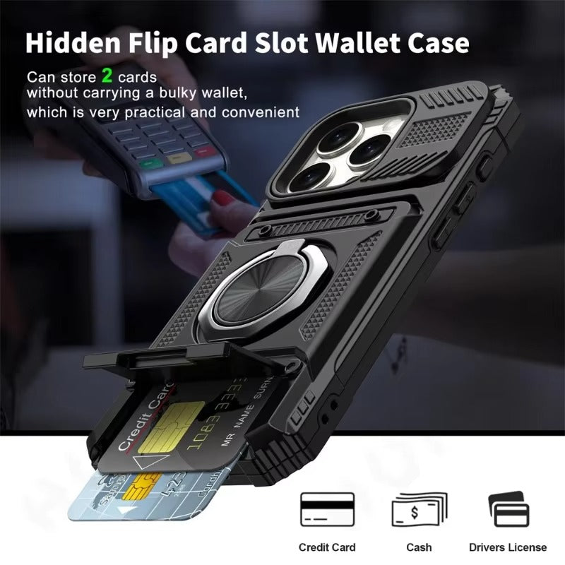 Rugged iPhone Magnetic Wallet Case with Ring Stand — Heavy Duty Armor Drop Protection, Dual Layer Shockproof Cover, Anti-Fingerprint Scratch-Resistant Design