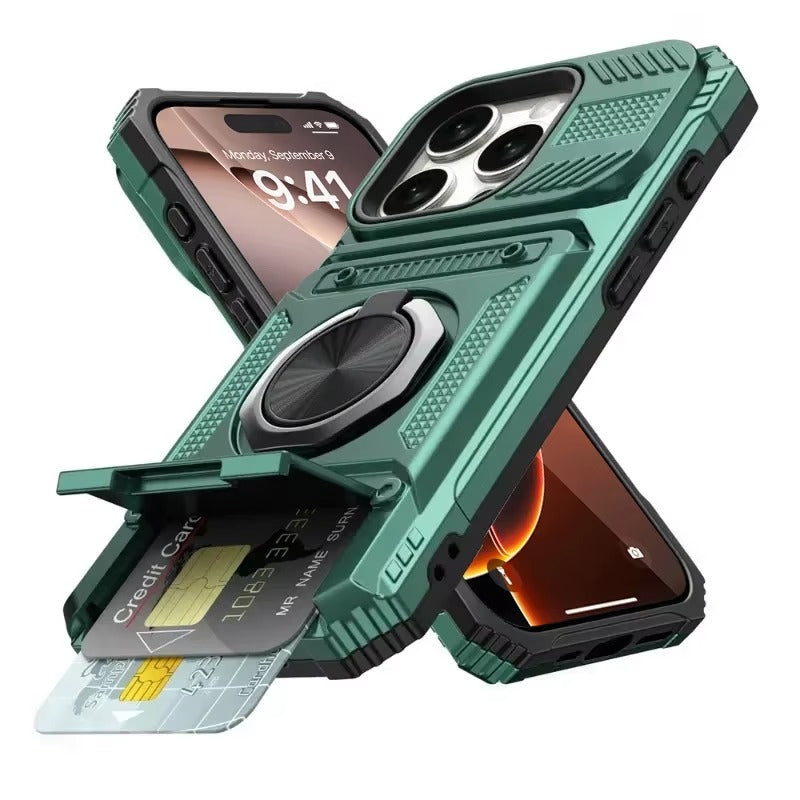 Rugged iPhone Magnetic Wallet Case with Ring Stand — Heavy Duty Armor Drop Protection, Dual Layer Shockproof Cover, Anti-Fingerprint Scratch-Resistant Design