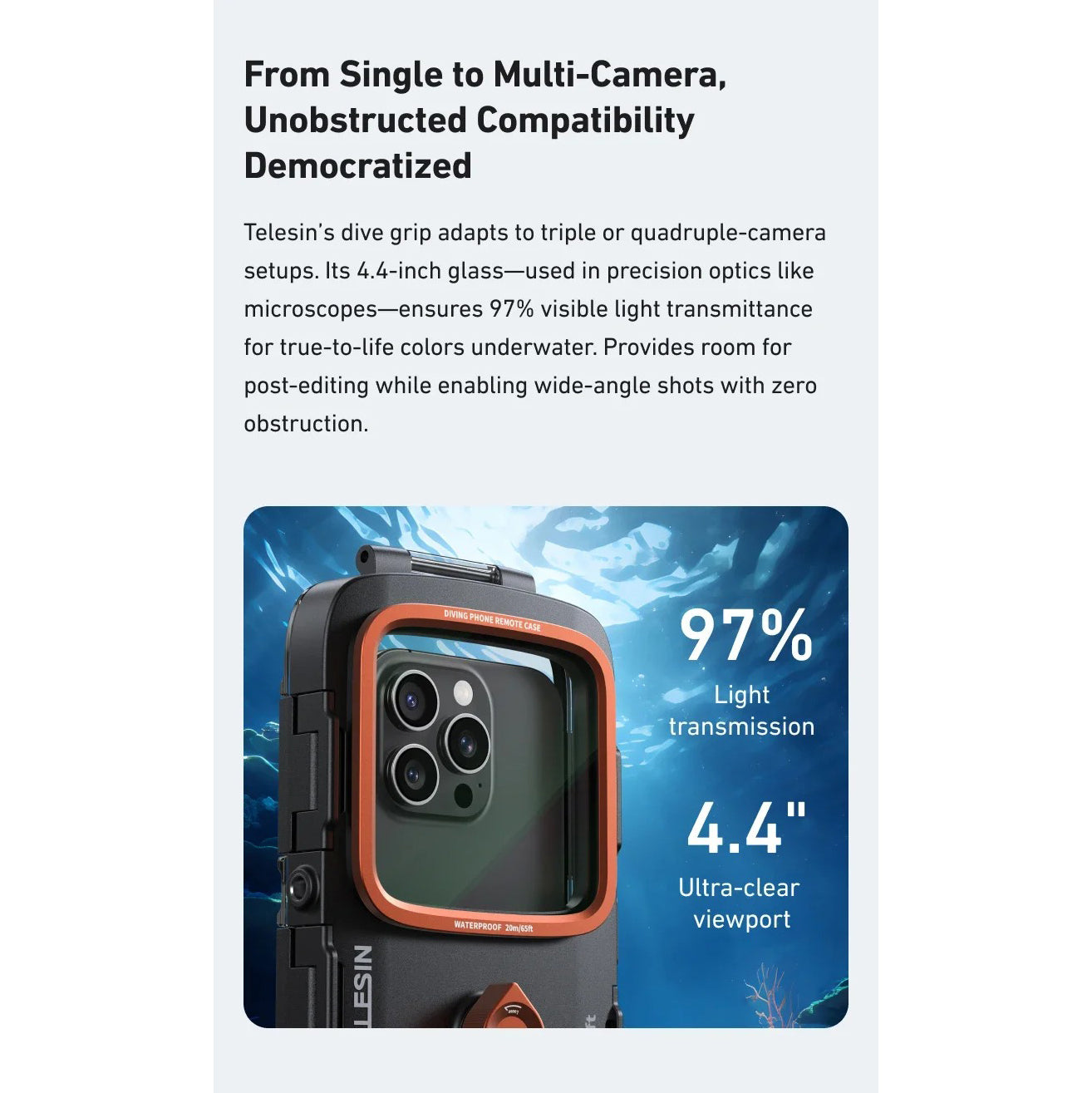 Rugged iPhone Waterproof Case for Diving — TELESIN 20m/65ft Underwater Housing with Bluetooth Photo & Video Control, Full Coverage IP68 Surfing & Snorkeling Protection