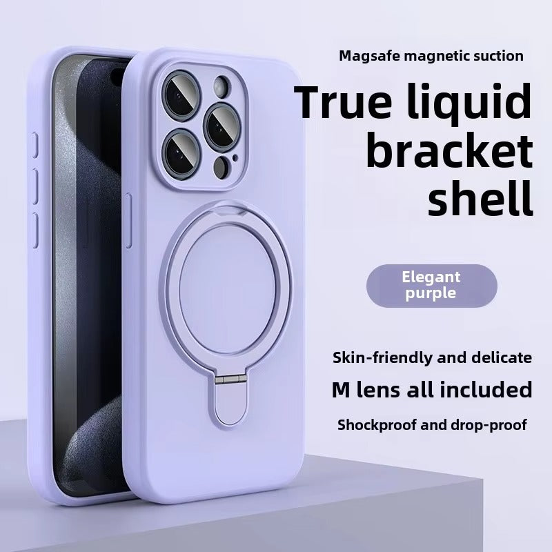 Luxury iPhone Liquid Silicone MagSafe Case — Magnetic Ring Holder Stand Cover, Shockproof Anti-Fingerprint Design, Wireless Charging Compatible Non-Slip Protection