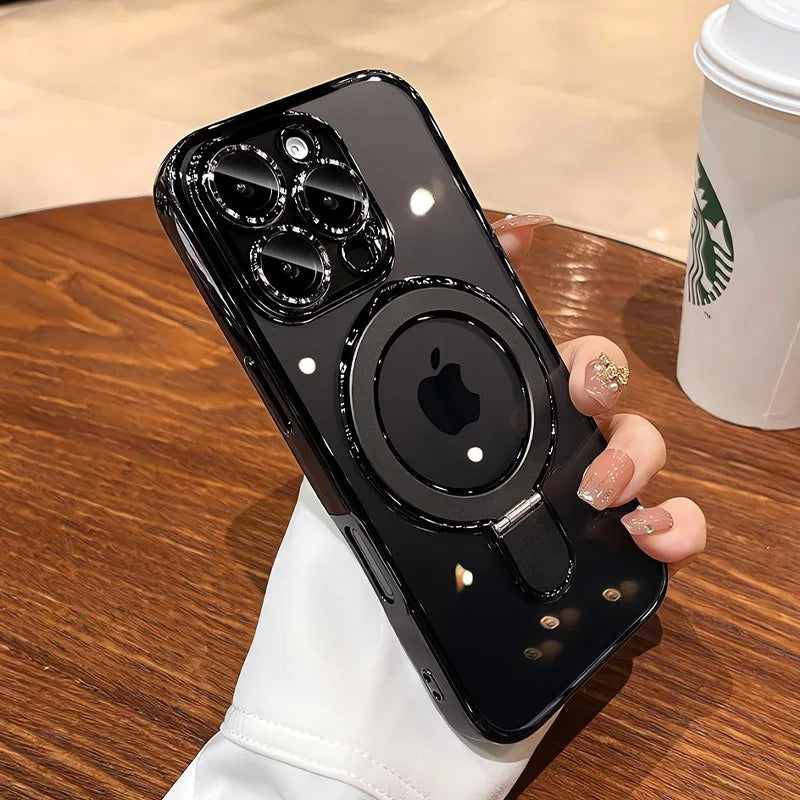 Luxury iPhone Case MagSafe Compatible Clear Acrylic Cover — Plating Finish with Magnetic Stand Holder, Lens Protector, Slim Shockproof Anti-Fingerprint Design