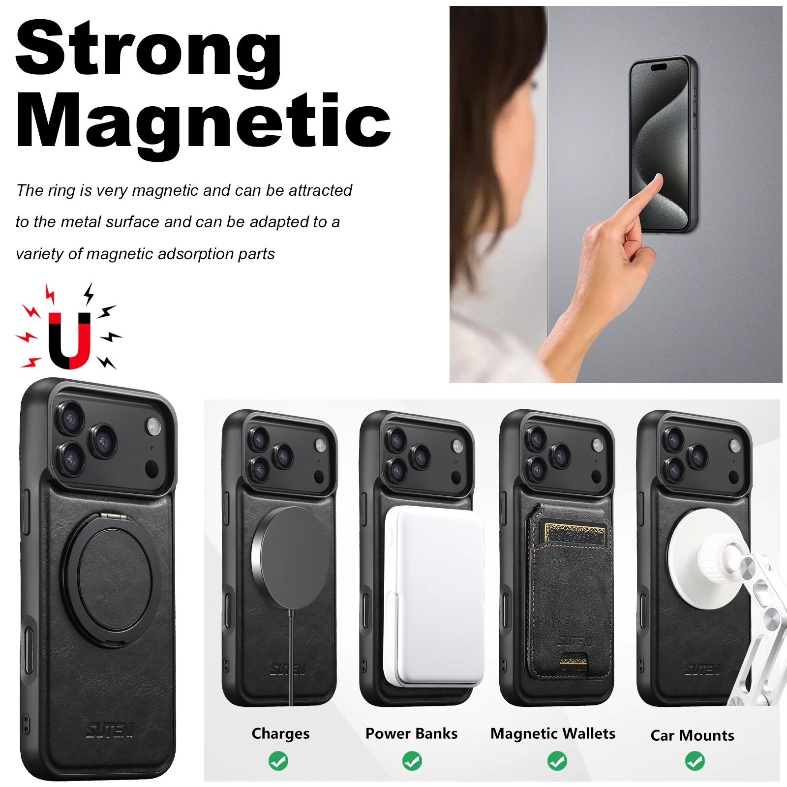 Ultra-Slim Magnetic iPhone Case — 360° Rotating Stand, Oil Wax PU Leather, Wireless Charging Compatible, Shock-Resistant Back Cover
