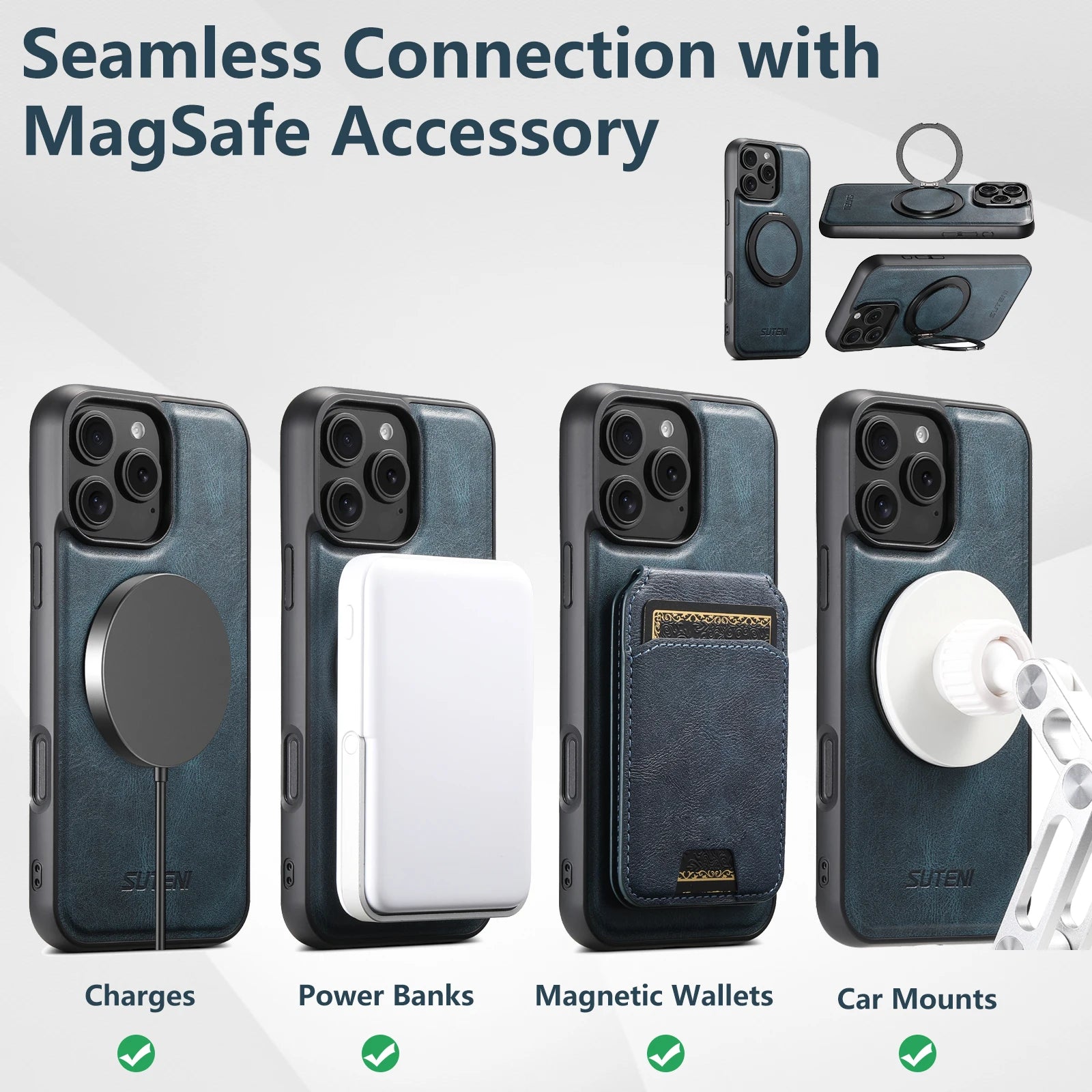 Ultra-Slim Magnetic iPhone Case — 360° Rotating Stand, Oil Wax PU Leather, Wireless Charging Compatible, Shock-Resistant Back Cover