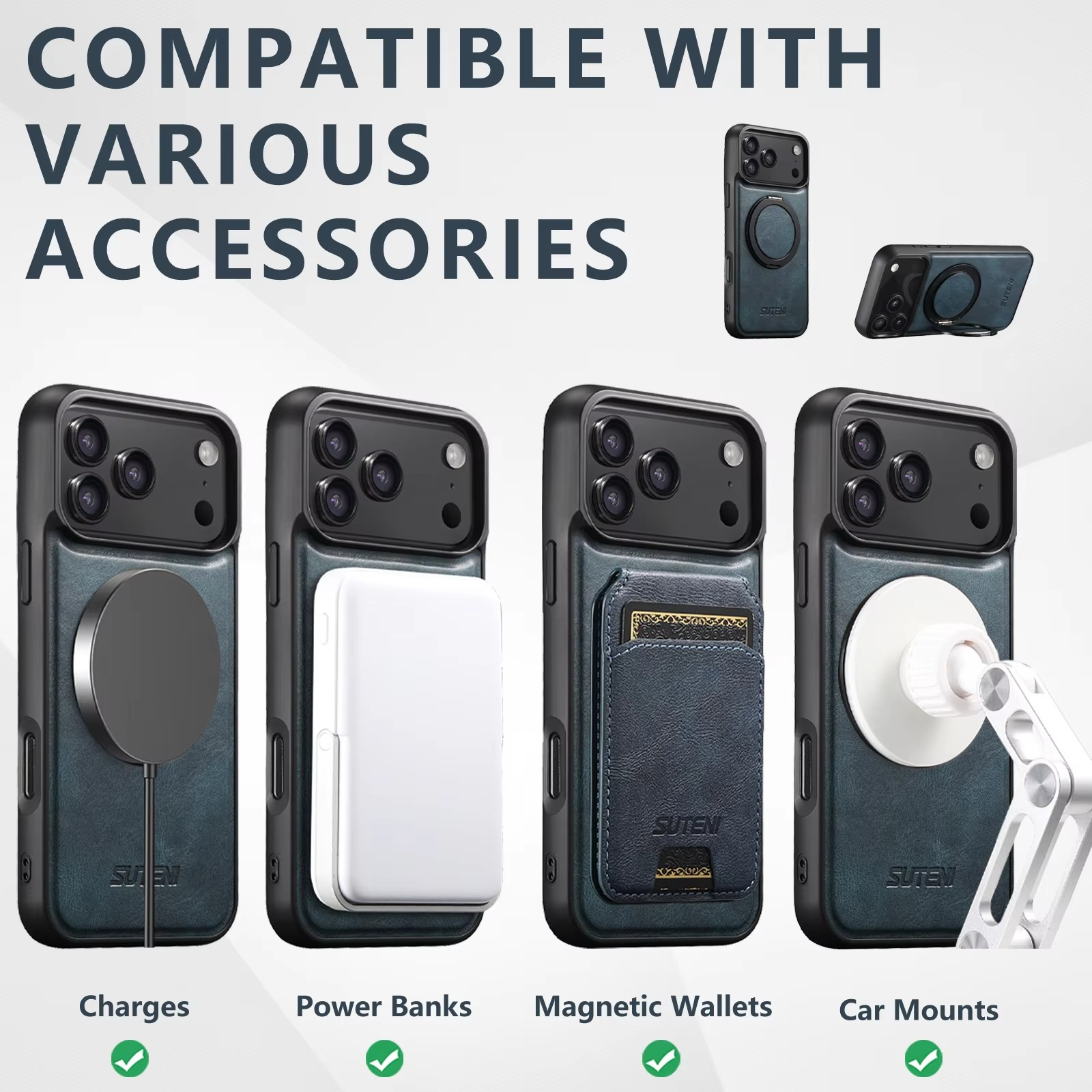 Ultra-Slim Magnetic iPhone Case — 360° Rotating Stand, Oil Wax PU Leather, Wireless Charging Compatible, Shock-Resistant Back Cover