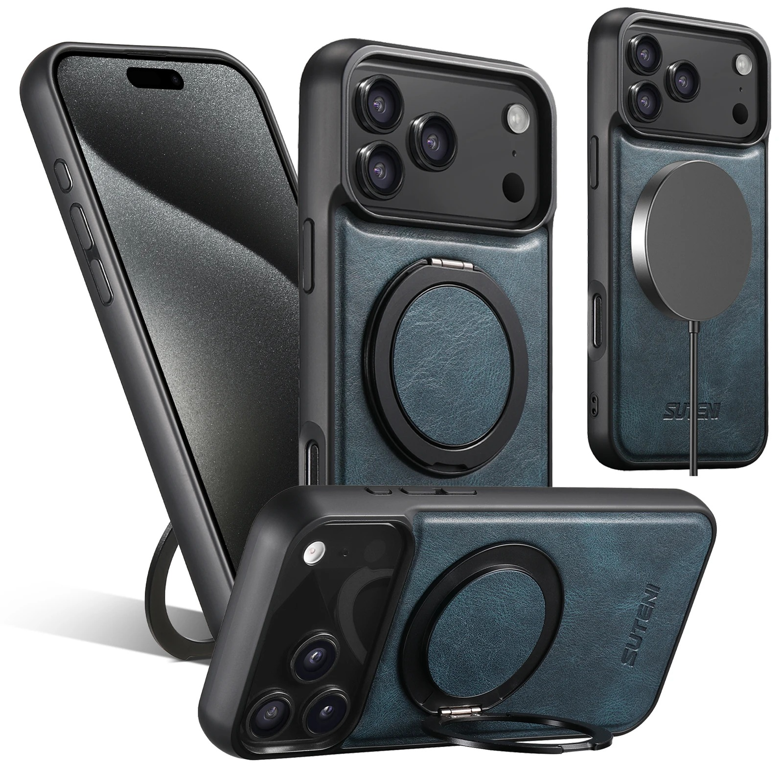 Ultra-Slim Magnetic iPhone Case — 360° Rotating Stand, Oil Wax PU Leather, Wireless Charging Compatible, Shock-Resistant Back Cover