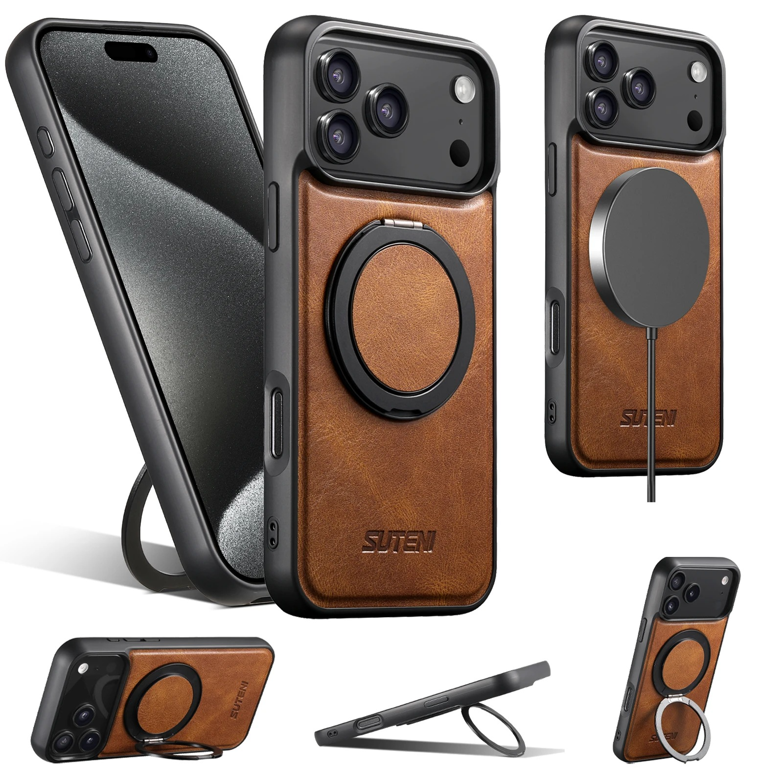 Ultra-Slim Magnetic iPhone Case — 360° Rotating Stand, Oil Wax PU Leather, Wireless Charging Compatible, Shock-Resistant Back Cover