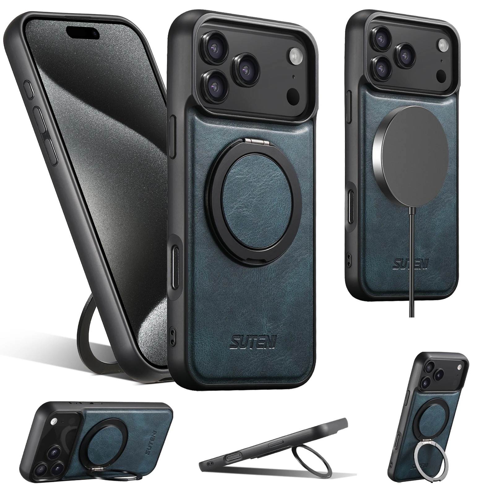 Ultra-Slim Magnetic iPhone Case — 360° Rotating Stand, Oil Wax PU Leather, Wireless Charging Compatible, Shock-Resistant Back Cover