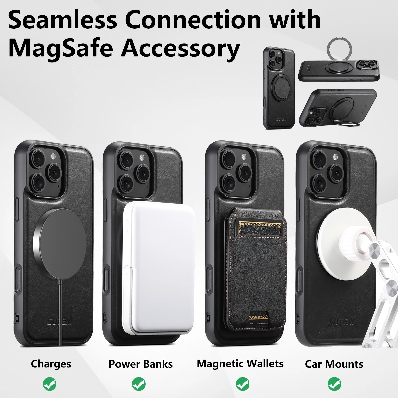 Ultra-Slim Magnetic iPhone Case — 360° Rotating Stand, Oil Wax PU Leather, Wireless Charging Compatible, Shock-Resistant Back Cover