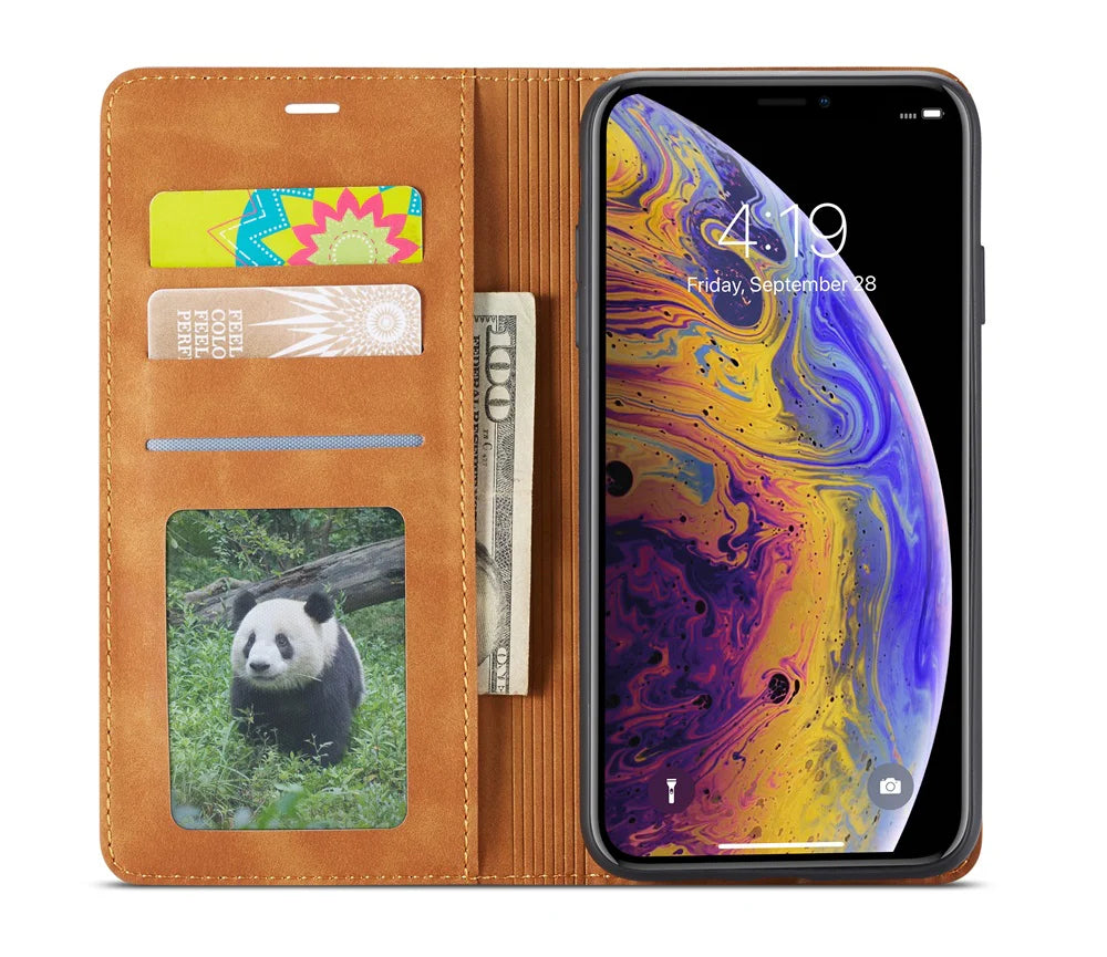 Ultra-Slim iPhone Leather Flip Wallet Case — Magnetic Suede Cover with Card Slots, Cash Pocket, Stand Function, Lightweight Full Body Protective Design