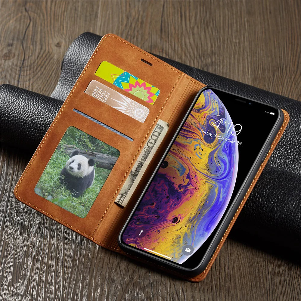 Ultra-Slim iPhone Leather Flip Wallet Case — Magnetic Suede Cover with Card Slots, Cash Pocket, Stand Function, Lightweight Full Body Protective Design